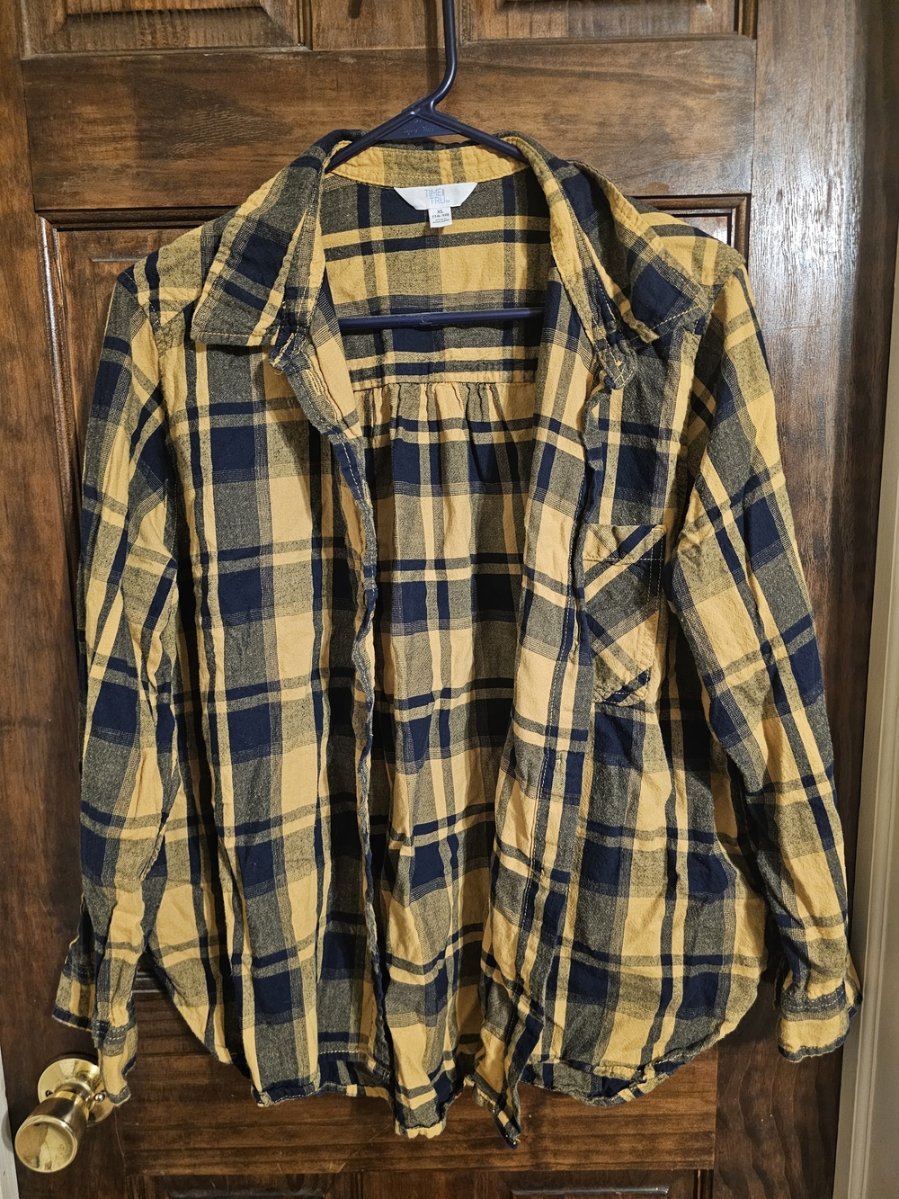 Time and Tru Yellow and Navy Plaid Button-Down Shirt